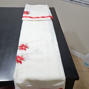 Elegant Cream Shower Curtain With Valance Top with Red Poinsettia Design